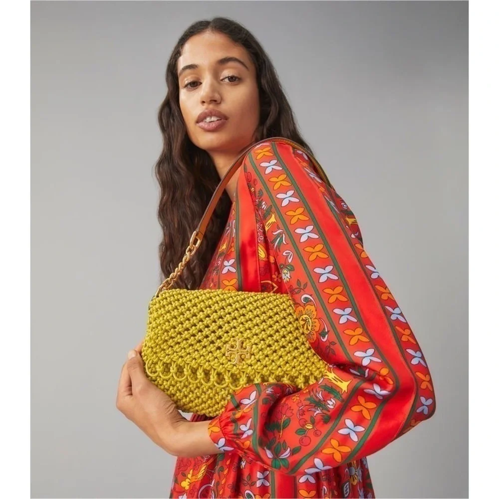 Tory Burch Bag Kira Chevron‎ Macrame Woven Small Shoulder Leather Pear GUC
